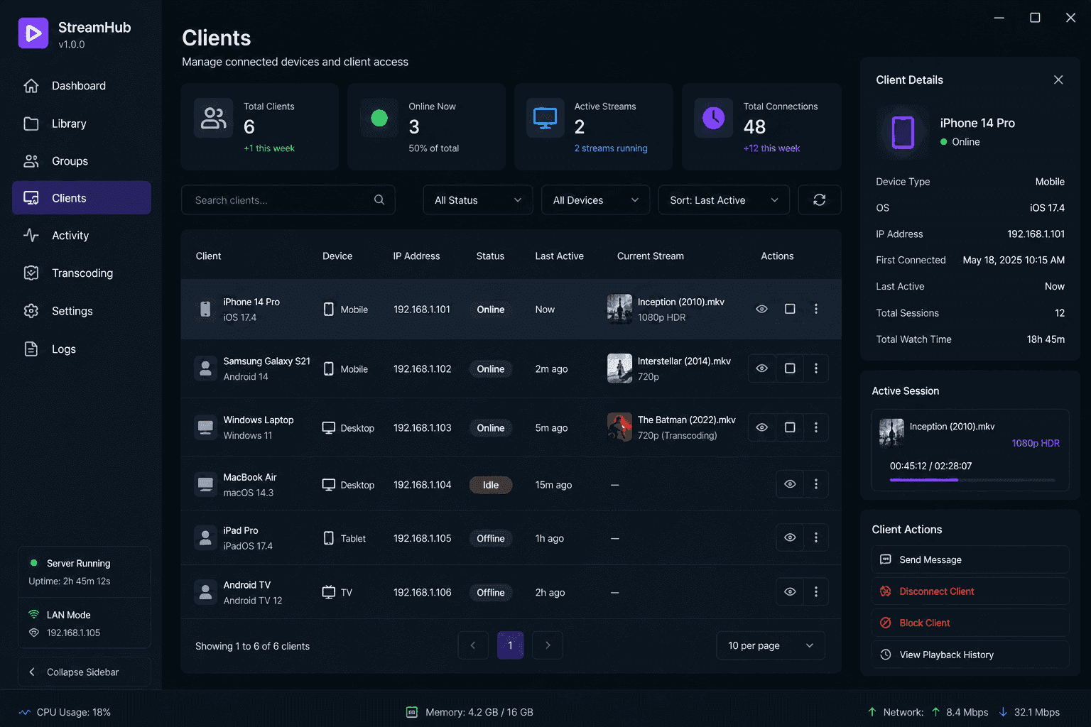 Fluxora desktop clients screen — paired-device management