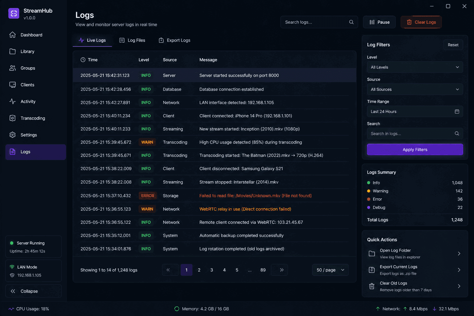 Fluxora desktop logs viewer — structured server log explorer